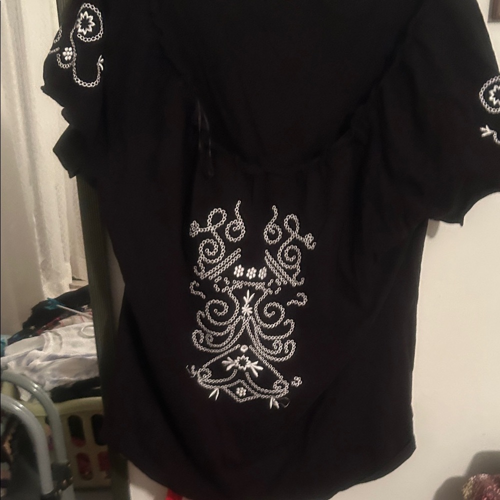 Style & Co. Black Blouse with White Embroidery